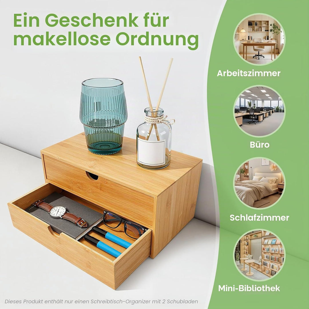 Schubladenbox, Schreibtisch Organizer 2 Schubladen Bambus, Naturbelassener Desktop Organizer 33x19x1