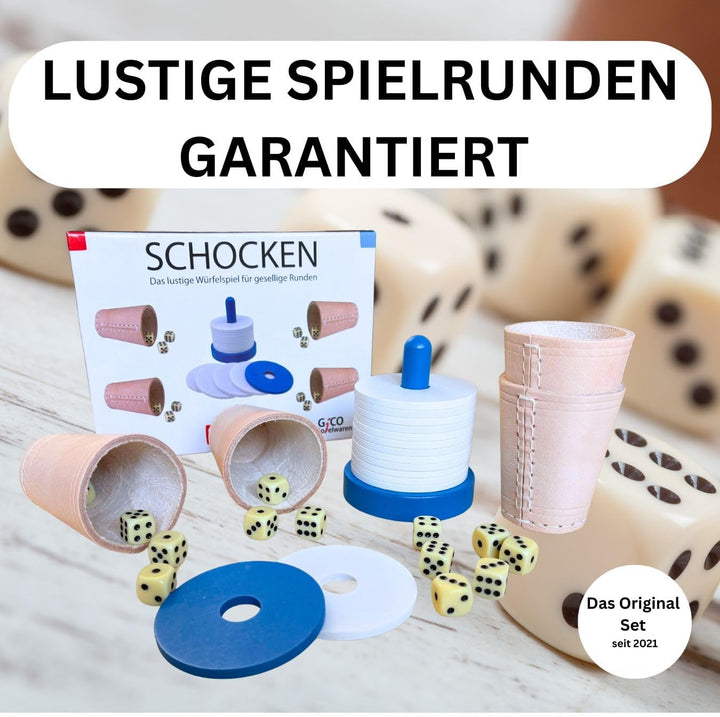 GICO Schocken Set - Komplett mit Schockbesteck, 4 Würfelbecher und 12 Würfeln - Jule Meiern Maxen Mö