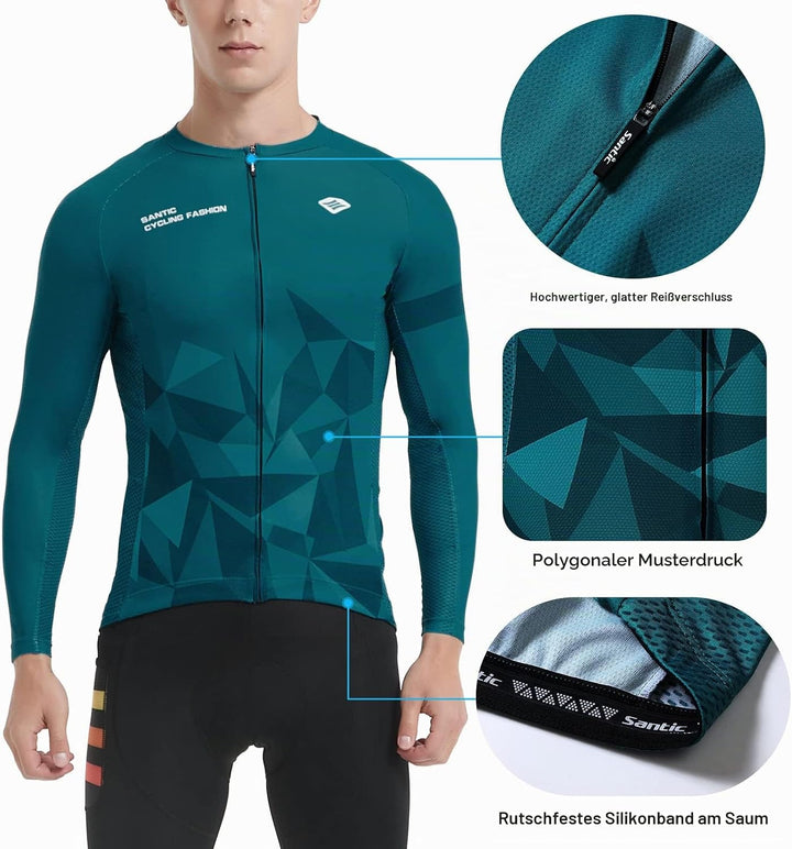 Santic Fahrradtrikot Herren Langarm Radtrikot Fahrradshirt Herren mit Taschen L Grün, L Gr&amp;