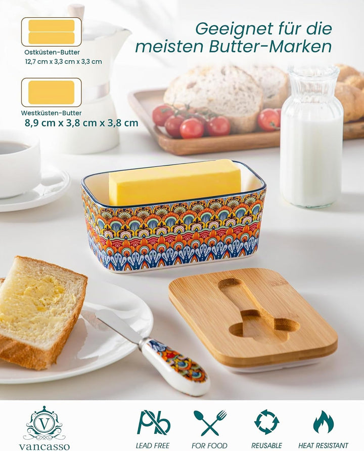 Butterdose Keramik, vancasso SIMI Hochwertige Butterglocke mit Messer und Holzdeckel, Butterdose Por