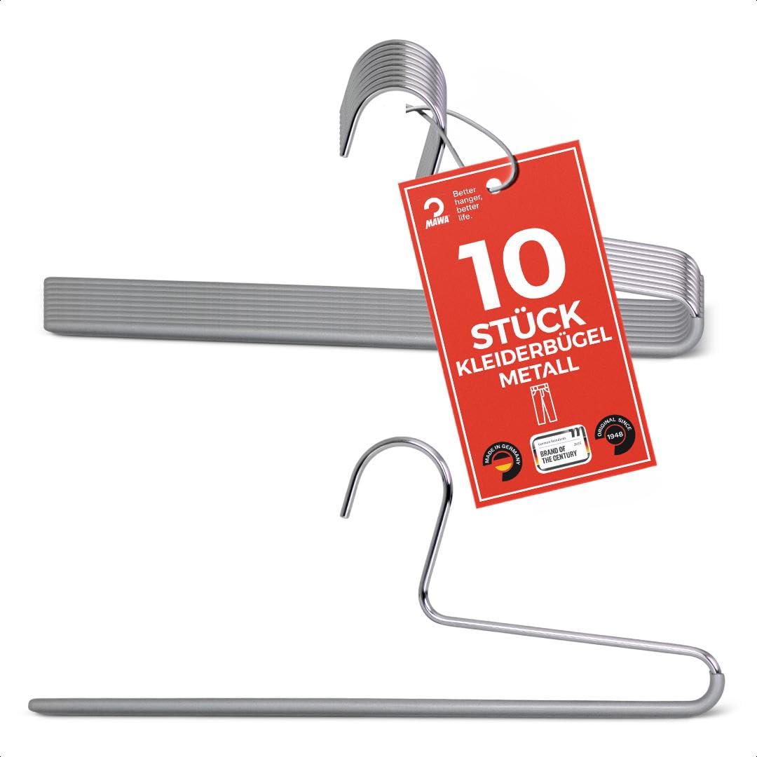 MAWA Hosenbügel Links, Set mit 10 platzsparenden Kleiderbügel, ideal für Jeans, Stoffhosen und Anzug