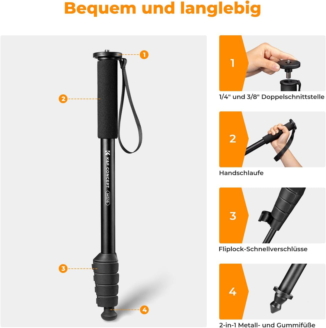K&F Concept MS16 Einbeinstativ, 63 Zoll Monopod,Stabiles Aluminium-Einbeinstativ mit 5 Sektionen,160