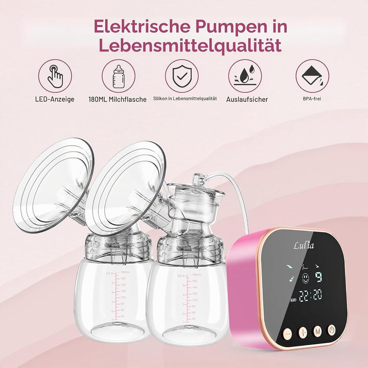 Elektrische Doppelmilchpumpe,4 Modi und 9 Stufen,Flansche in 2 Grössen,Mechanische Tasten, mit Milch