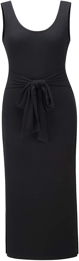 ANEWISH Sommerkleid Damen Einfarbig Westenkleid Kleid U-Ausschnitt Gürtel Kleid Kleider Elegant Früh