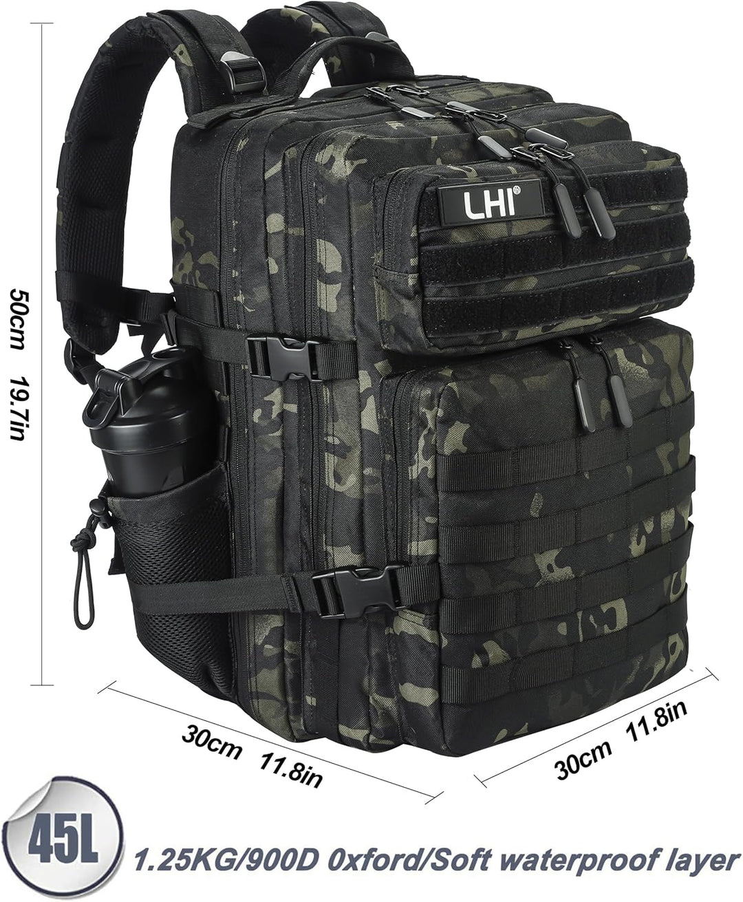 LHI Militärstil Taktischer Rucksack 45L mit MOLLE-System – Wasserdicht für Wandern, Survival, Campin