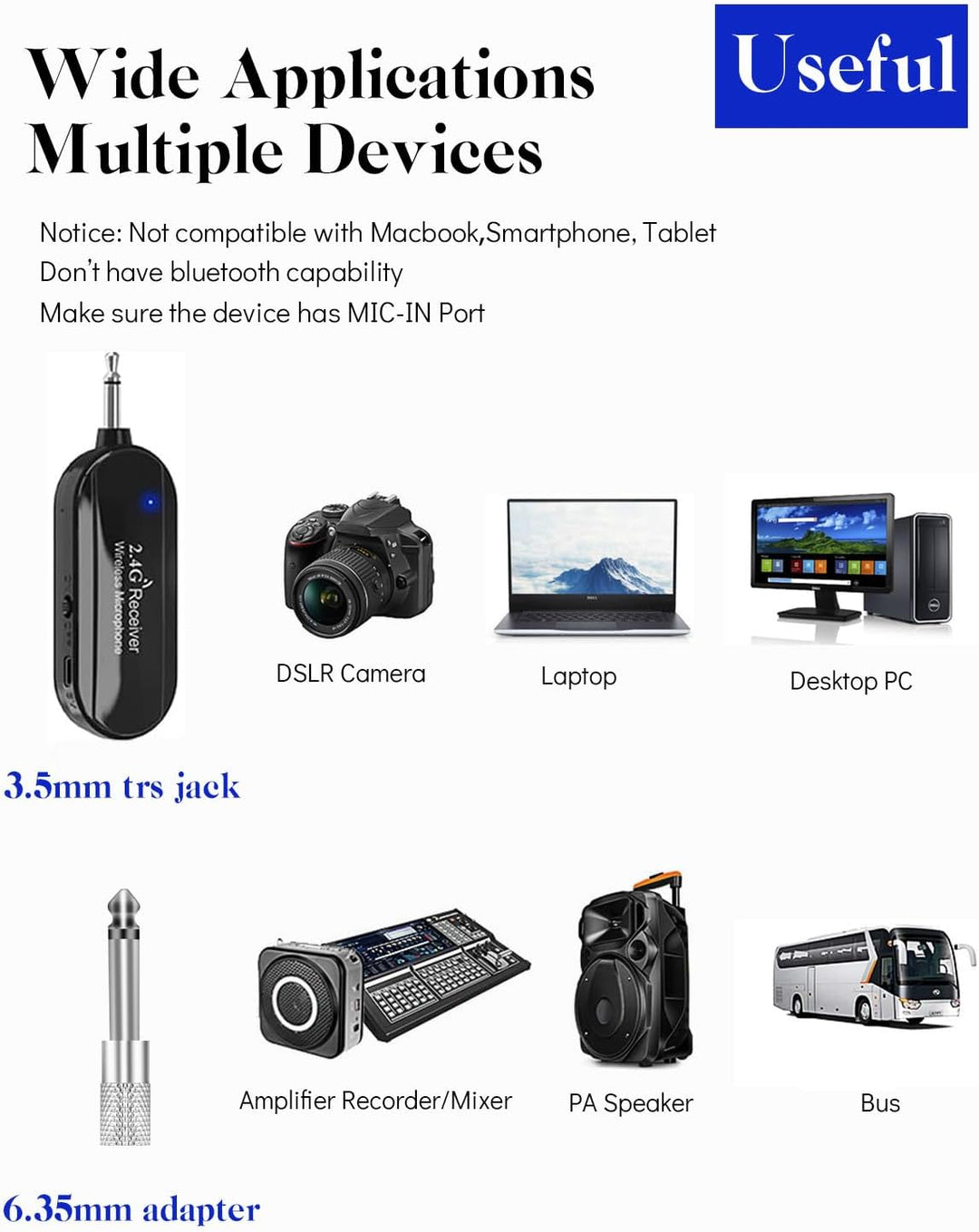 Wireless Mikrofon Headset, 2.4G Kabelloses Mikrofon, funkmikrofon headset mit 50M Reichweite, Wieder