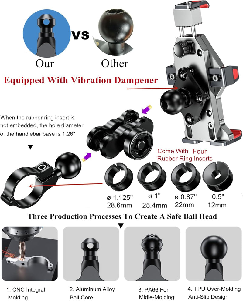 BRCOVAN Aluminiumlegierung Motorrad Handyhalterung mit Vibrationsdämpfer und Sicherheitsschalter, 36