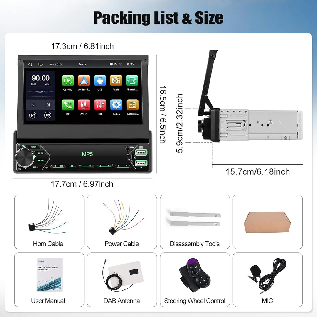 CAMECHO 1 Din DAB Autoradio mit Wireless Carplay Android Auto Mirror Link, 7 Zoll Manuelle Ausfahrba