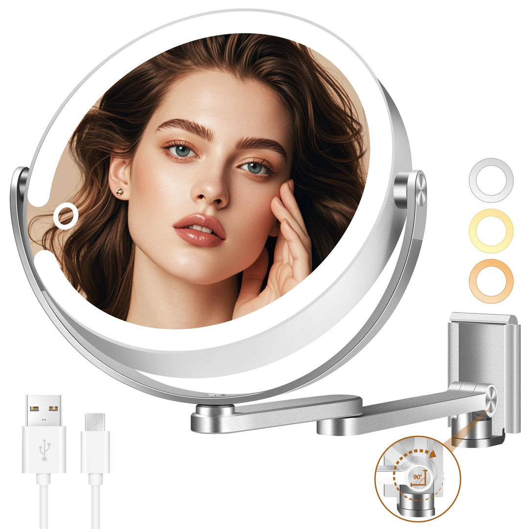 Wandmontierter Make-up-Spiegel, Vergrösserungsspiegel mit Licht, 20X/1X doppelseitig, höhenverstellb
