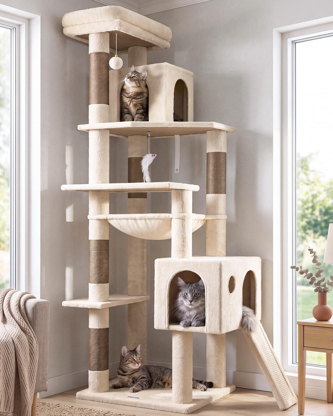 Globlazer Kratzbaum Beige Grosse hoch 178 cm mit Grosser Hängematte 43 * 36CM, 2 Katzenhaus, Gepolst