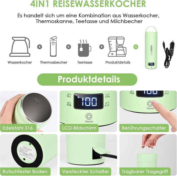 Dreamhigh® Reisewasserkocher, 450ml Mini Wasserkocher, 96W Wasserkocher Klein aus Edelstahl, Auto Wa