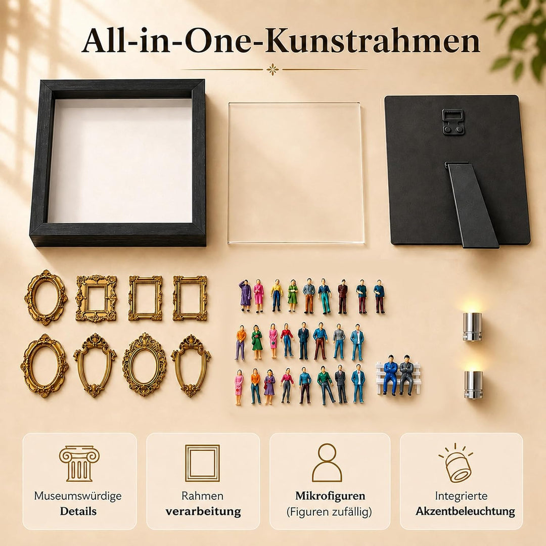 DIY Mini Museum Silhouette Box Set mit LED Licht – 8 Goldene Rahmen & 8 Figuren, Museum of Us, Mini