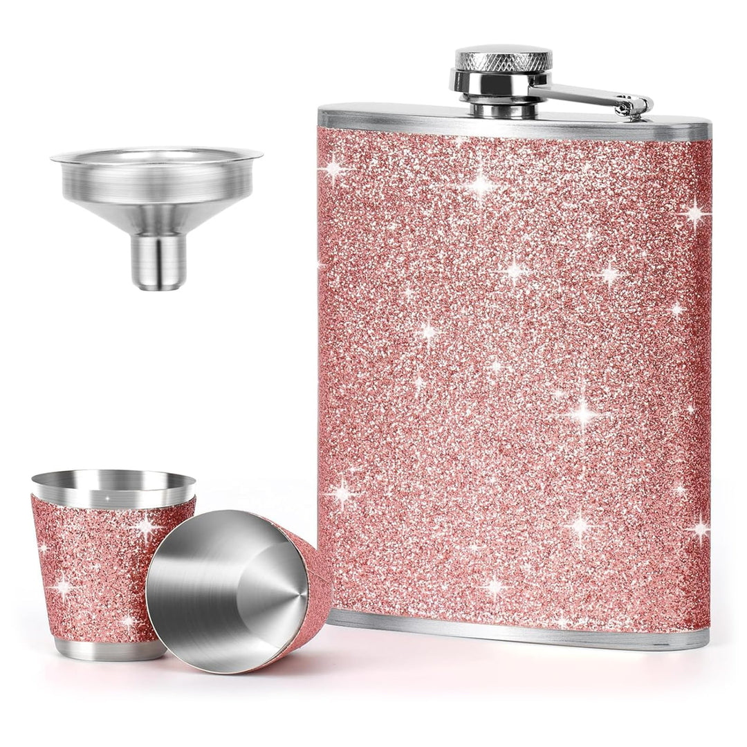 Flachmann Edelstahl und Trichter Klein Becher Rosa Schnapsbecher mit 2 Stück Schnapsglas Edelstahl S