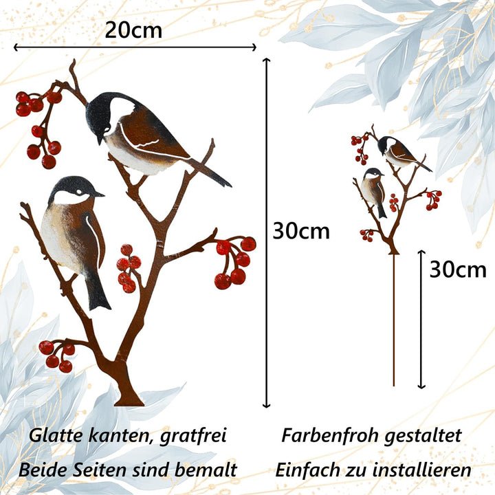 Vogel Gartenstecker 60 cm Hoch Bemalte Vogel Gartendeko für Draussen, Metall Meisen und Beeren Outdo