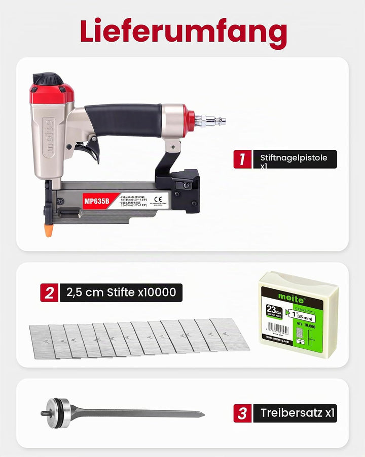meite MP635B 23-Gauge Stiftnagler mit 10.000 Stück 25 mm Stiftnägel, kompakte pneumatische Pin-Nagle