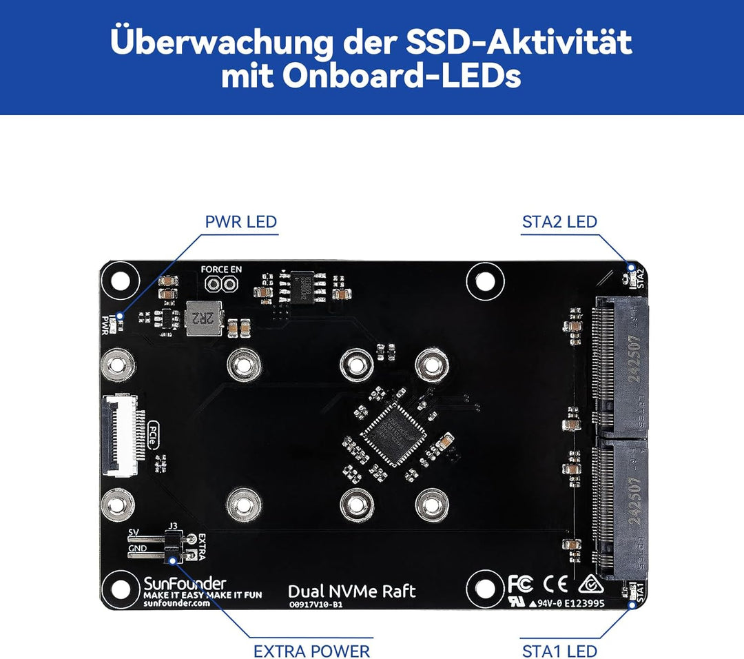 SunFounder Dual NVMe Raft für Raspberry Pi 5 PCIe Gen 2.0 zu M.2 HAT Key-M SSD Hailo-8L AI Accelerat