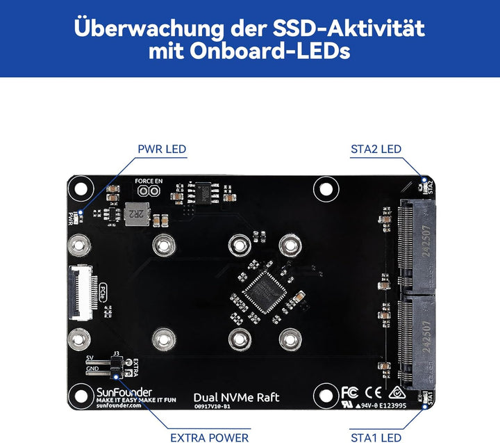 SunFounder Dual NVMe Raft für Raspberry Pi 5 PCIe Gen 2.0 zu M.2 HAT Key-M SSD Hailo-8L AI Accelerat