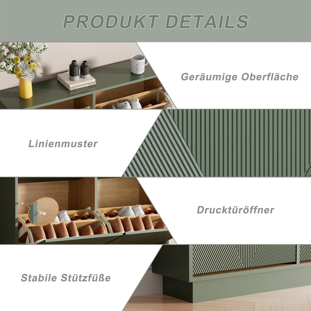 UEV Schuhschrank mit 4 Klappen schmal, Drucktüröffner Push to Open, Schuhkommode mit Kippschutz, Sch