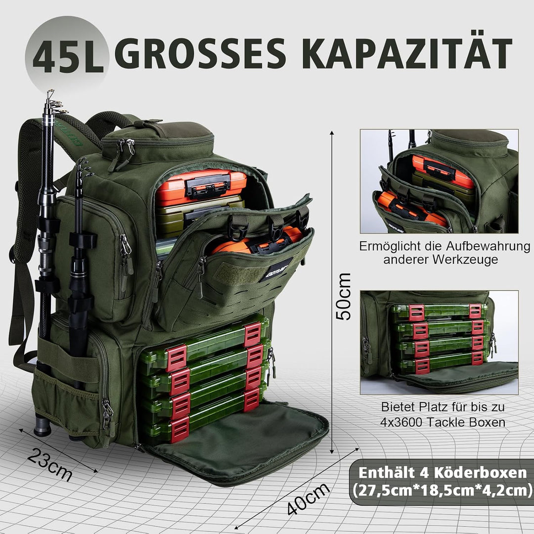 Goture Angelrucksack mit 4 Köderbox Angeln, 45-Liter Angelzubehör-Rucksack mit Zwei Rutenhaltern und