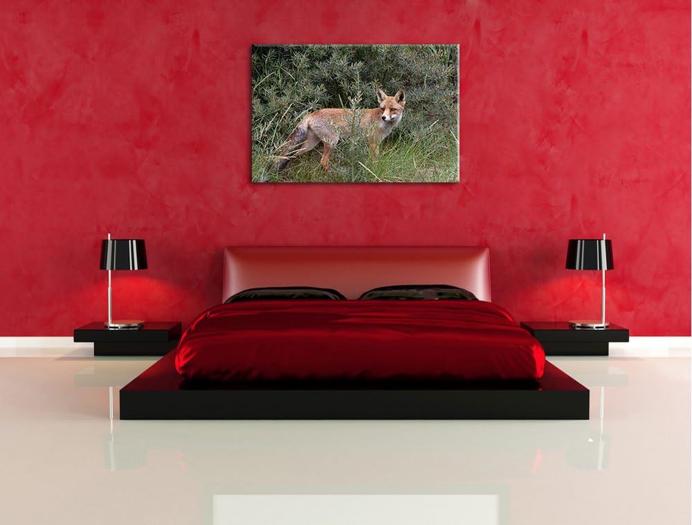 listiger Fuchs im Wildstrauch Leinwand, XXL riesige Bilder fertig gerahmt mit Keilrahmen, Kunstdruck