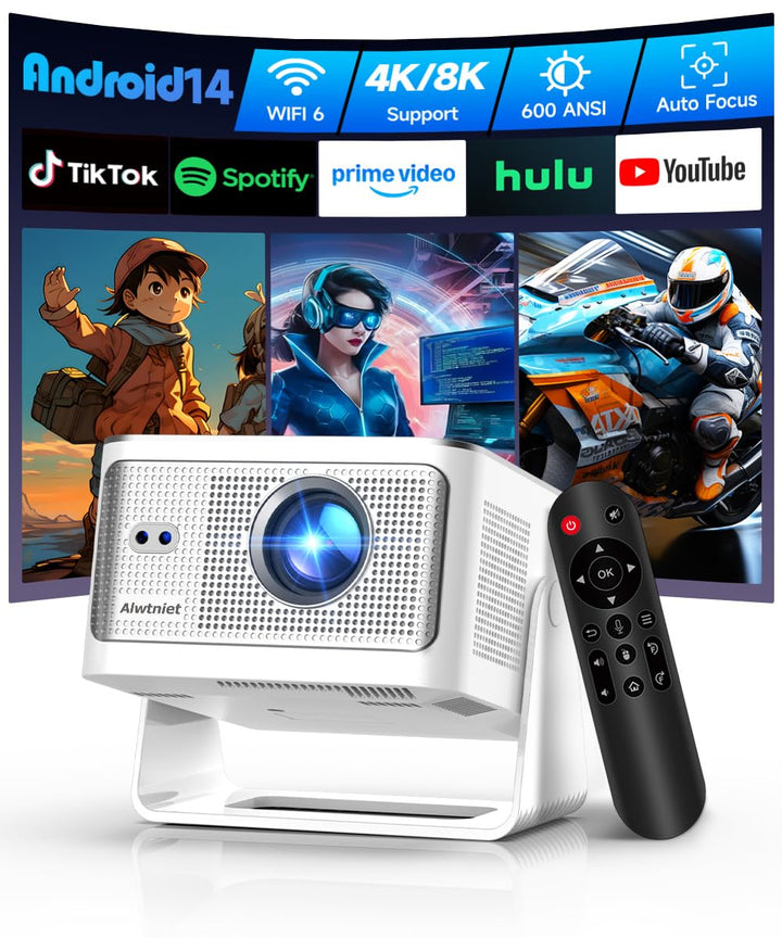 Alwtniet Mini Beamer Projektor 4K 8K Unterstützt, Full HD 1080P Smart Projector mit Android 14, WiFi
