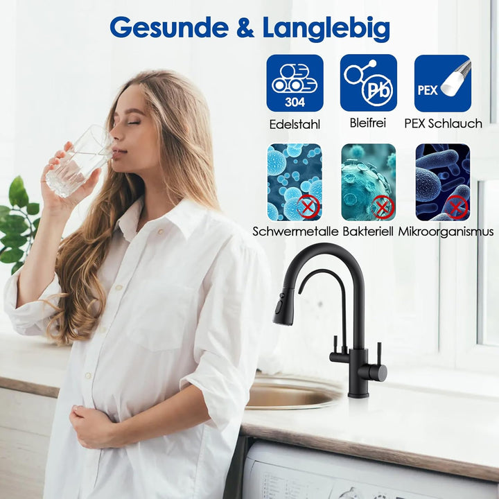 ROVOGO 3 Wege Wasserhahn Küche mit Filter, Küchenarmatur Schwarz Hochdruck mit Brause Ausziehbar, 36