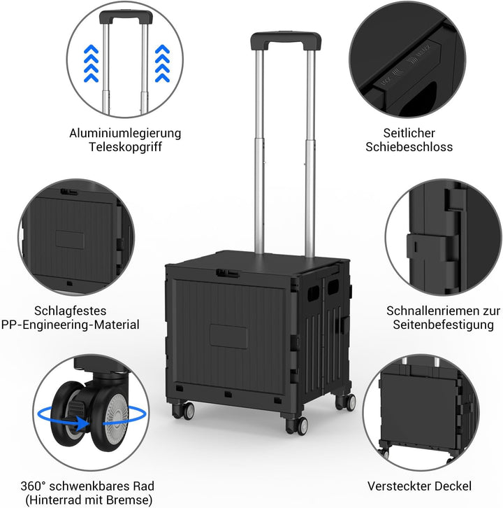 Einkaufstrolley klappbar, Einkaufswagen bis 30 kg, Transportbox mit 4 Rollen, Shopping Trolley Verst