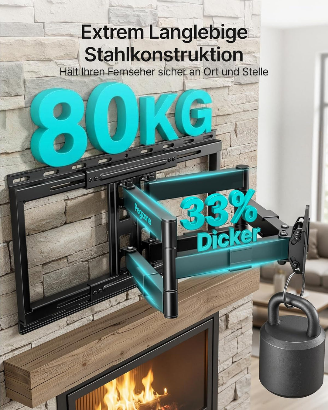 PEGZONE TV Wandhalterung für 37-90 Zoll Fernseher bis 80kg, Doppelarm Wandhalterung Fernseher Flach