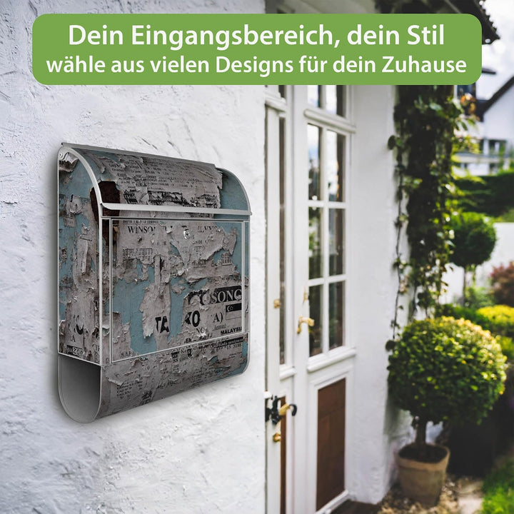 banjado® Design Briefkasten mit Motiv Wand mit Zeitungen 39x47x14cm &amp; 2 Schlüssel - Briefkasten Stah