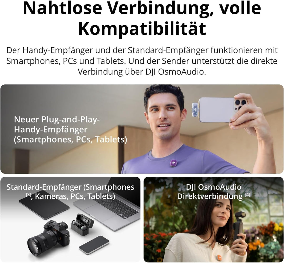 DJI Mic Mini 2 (2 TX + 1 Mobile RX + Ladeschale), Lavalier-Mikrofon, Ansteckmikrofon für iPhone und