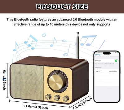 Retro Radio, Nostalgie Radio, Radio mit Bluetooth, Bluetooth Radio, 5W Lautsprecher, mit 1800mAh Akk