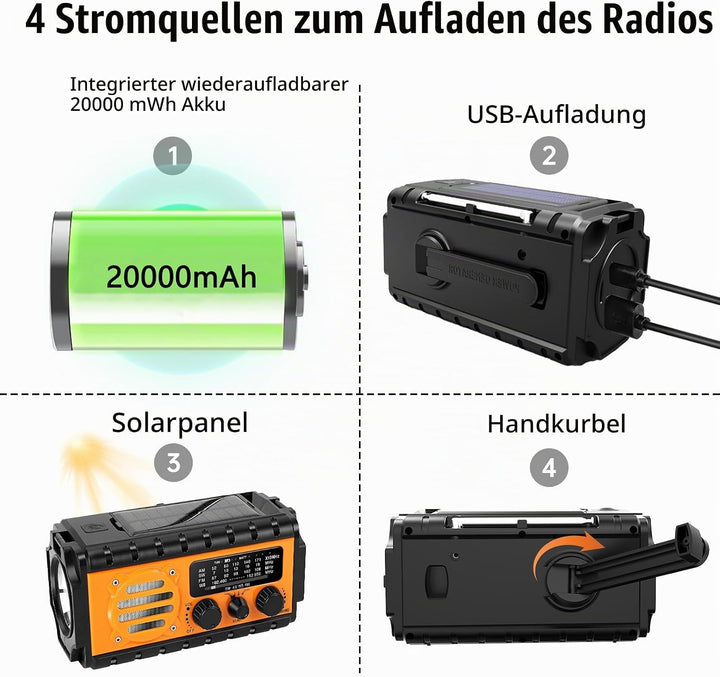 Solar Notfallradio, Kurbelradio mit 20000 mAh Powerbank, AM/FM/SW/WB Wetterradio, 4 Stromquellen, Ta