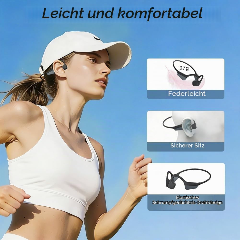 Knochenschall Kopfhörer, Open Ear Bluetooth 5.3 Kopfhörer Kabellos, 8 Stunden Akkulaufzeit, IPX5 was