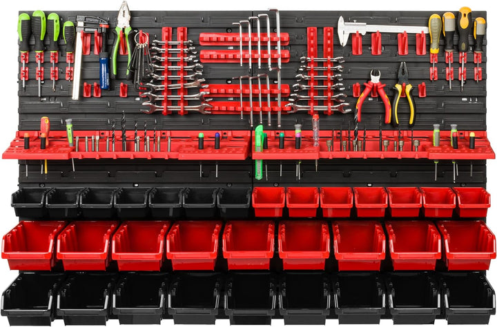 Lagersystem Werkstattregal | 115 x 78 cm | 32 stck. Box | Wandregal mit Werkzeughalterungen und Stap