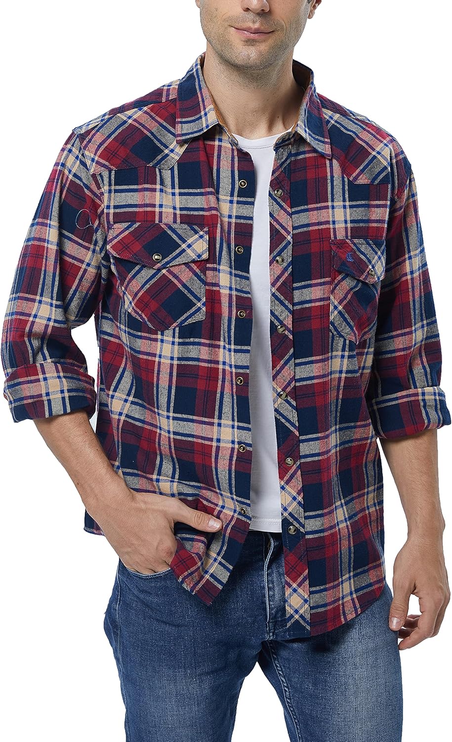 Coevals Club Herren Flanellhemd Langarm Kariertes Druckknöpfe Baumwolle mit Tasche Normale Passform