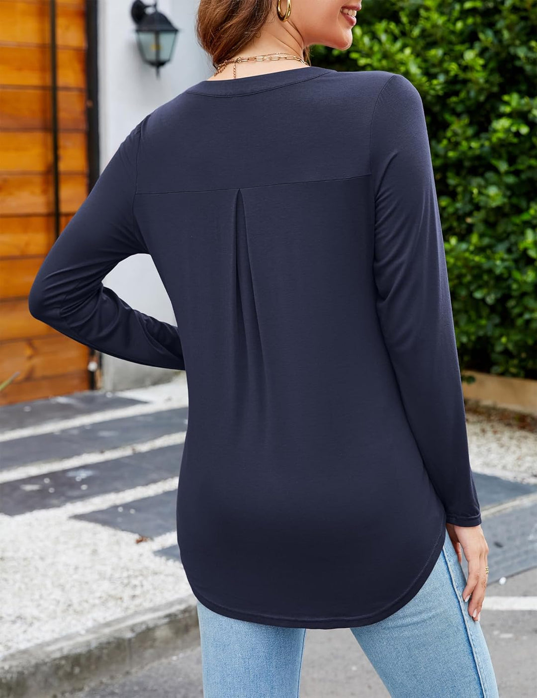 Beluring Damen Oberteile Kurzarm/Langarm Elegant T-Shirt V-Ausschnitt Plissee Top Einfarbig Longshir