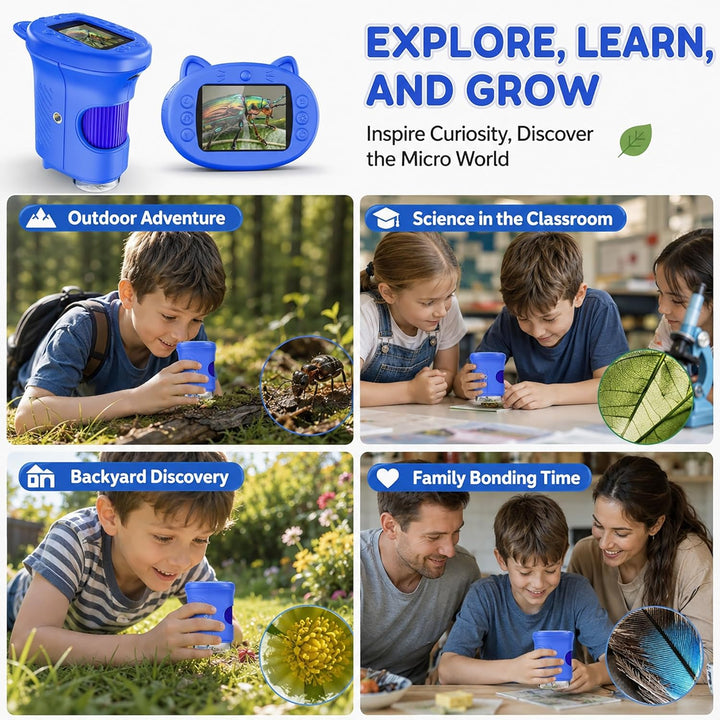 Mikroskop für Kinder, 1000X 4K Digitales Mini-Mikroskop mit 2,4″ IPS-Display, 8 LED Licht, USB-aufla