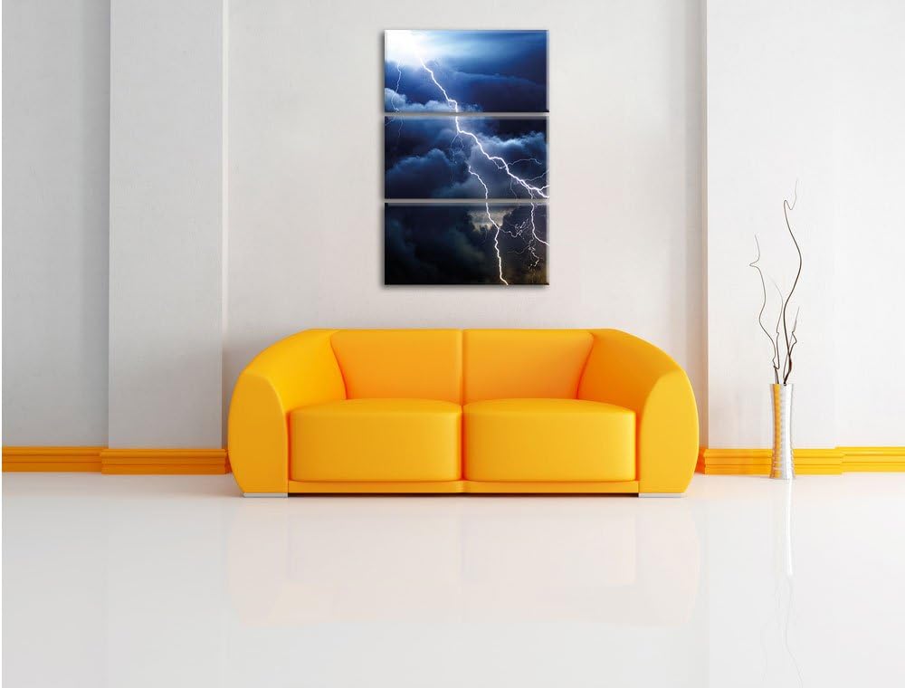Pixxprint Blitze am Himmel 3-Teiler Leinwandbild 120x80 Bild auf Leinwand