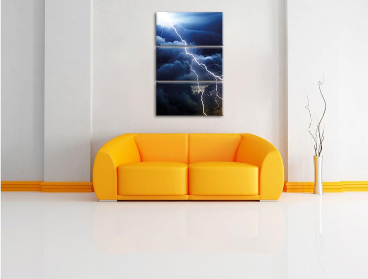 Pixxprint Blitze am Himmel 3-Teiler Leinwandbild 120x80 Bild auf Leinwand