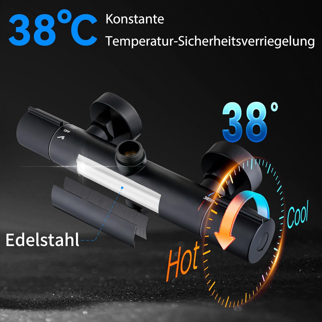 HOMELODY Duschsystem aus Edelstahl mit Thermostat Schwarz - Duscharmatur Komplettset mit 3 Strahlart