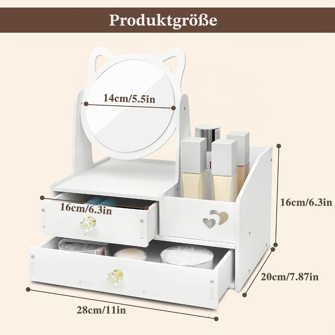 LEcylankEr Schminktisch Organizer mit 360° Spiegel und Schublade, Kosmetik Organizer aus PVC Weiss,
