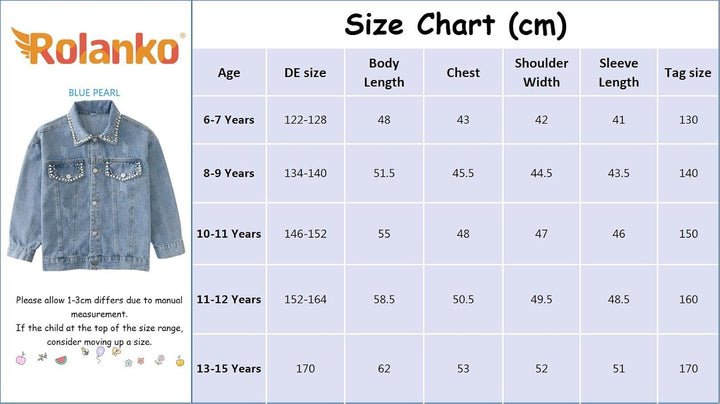 Rolanko Jeansjacke für Mädchen, Basic Trucker Jacke aus Denim Outwear Button Down Jeans Hemden 6-7 J