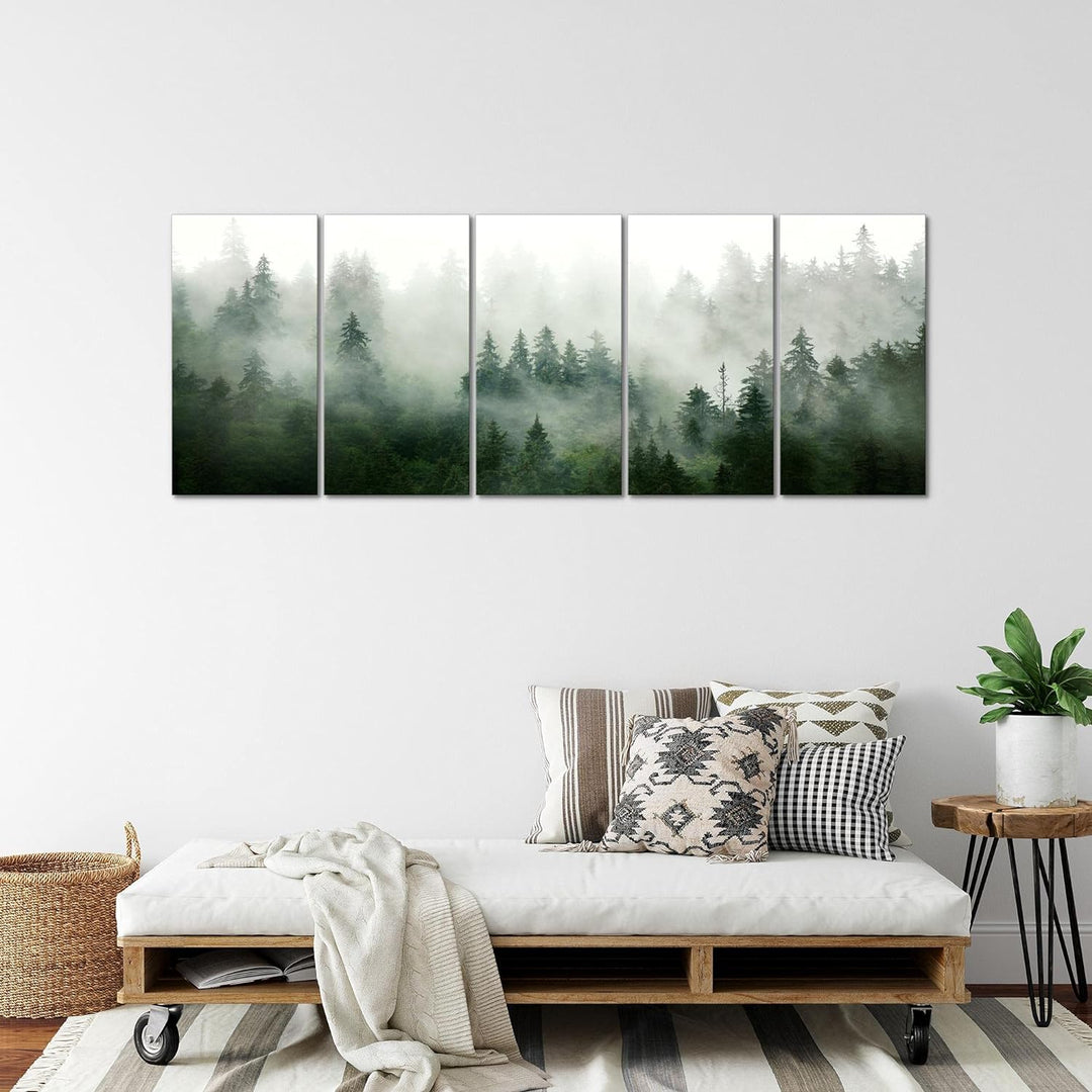 Runa Art Wandbild XXL Wald Natur Wohnzimmer Schlafzimmer 200 x 80 cm Grün Grau 5 Teilig - Made in Ge
