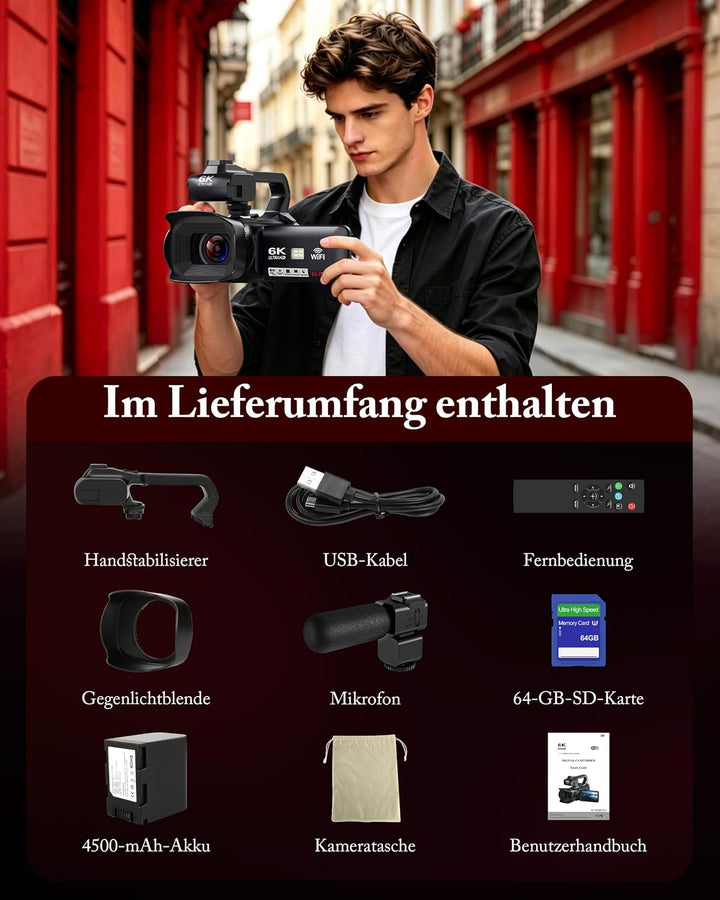 Videokamera Camcorder 6K 64MP 18X Digitalzoom Vlogging Camera mit IR Nachtsicht für YouTube, HD Webc