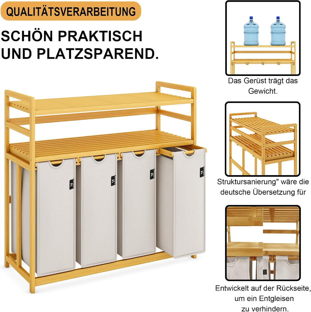 AdelDream Wäschekorb 200L,4 Fächer Wäschesammler,2 Ablagen,Bambus | Wäschesortierer 4 x 50L,ausziehb