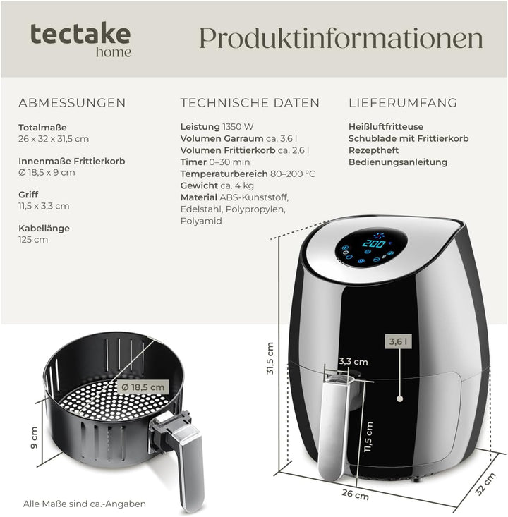 tectake® Heissluftfritteuse, Airfryer, 3,6 l Fassungsvermögen, Touchscreen-Display, 7 Programme, Air