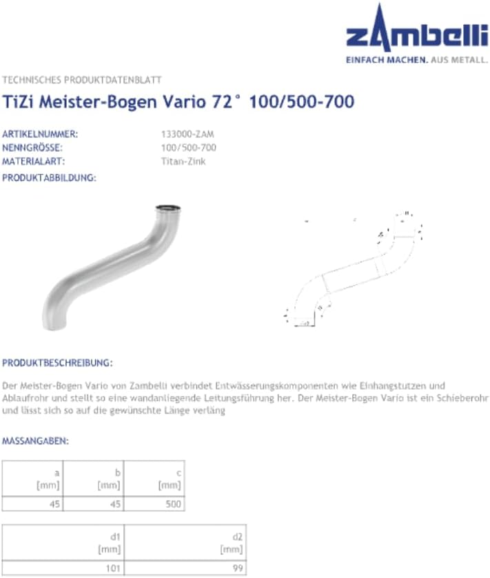 Fallrohrbogen Meister-Bogen Vario 72° 100/500–700 Zambelli Zink (80 mm), 80 mm