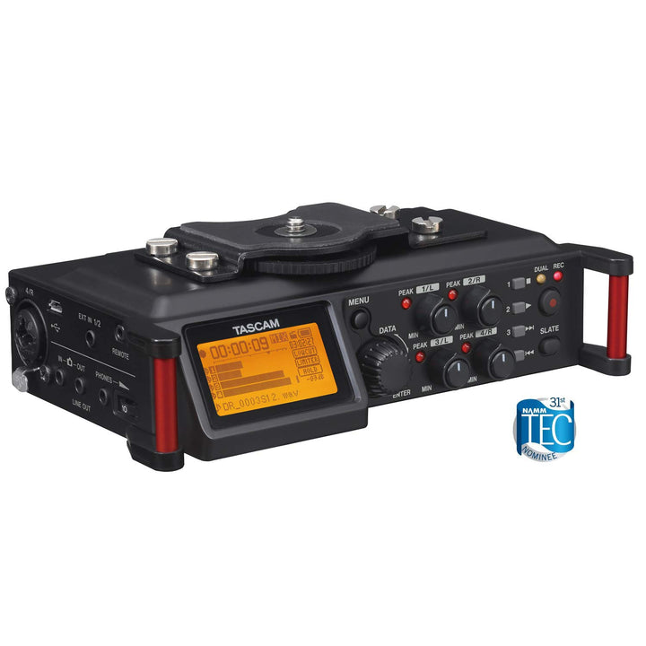 TASCAM Tragbarer 4-Kanal-Audio-Recorder für Videofilmer, 4 Kombi-XLR/TRS-Eingänge, 2 interne Mikrofo