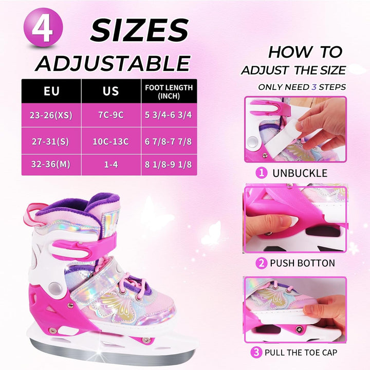 Nattork Mädchen-Eislaufschuhe für Kinder, 4-Fach verstellbar, Butterfly-Eislaufschuhe mit Fleecefutt