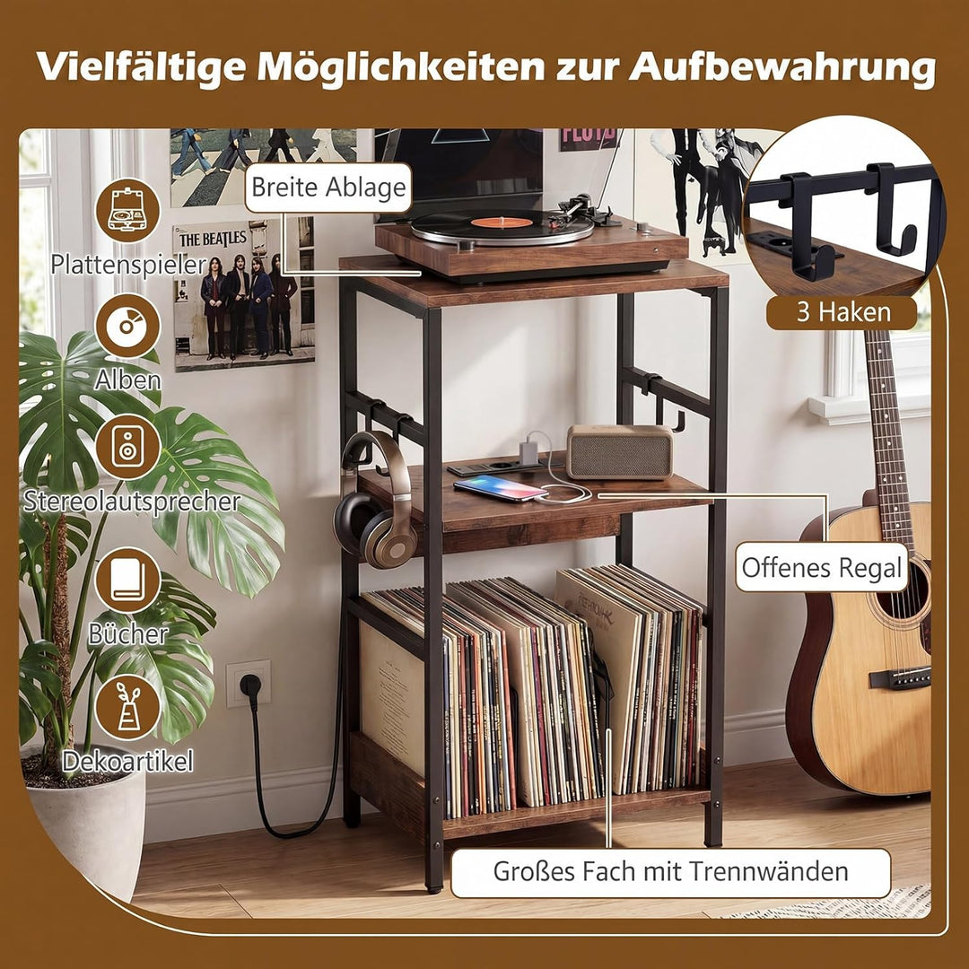 COSTWAY Plattenspieler Ständer mit Ladestation, Schallplattenregal mit 3 Haken und Aufbewahrungsfach